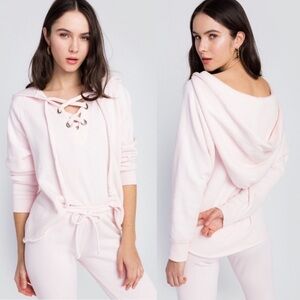 Wildfox Pink Hutton Lace-Up Hoodie Oversized Sweatshirt Raw Hem Blush Size Small